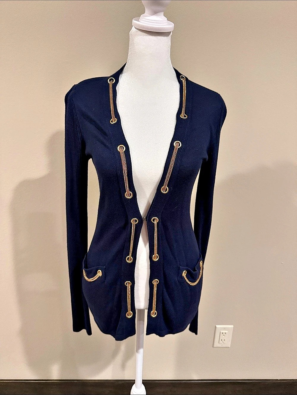 CAbi Chain Detail Cardigan in Blue Size XS